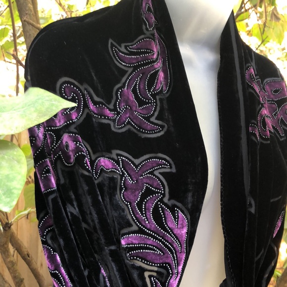 VTG Stunning PURPLE BLACK silk burnout VELVET long fringe art deco wrap shawl - Picture 3 of 15